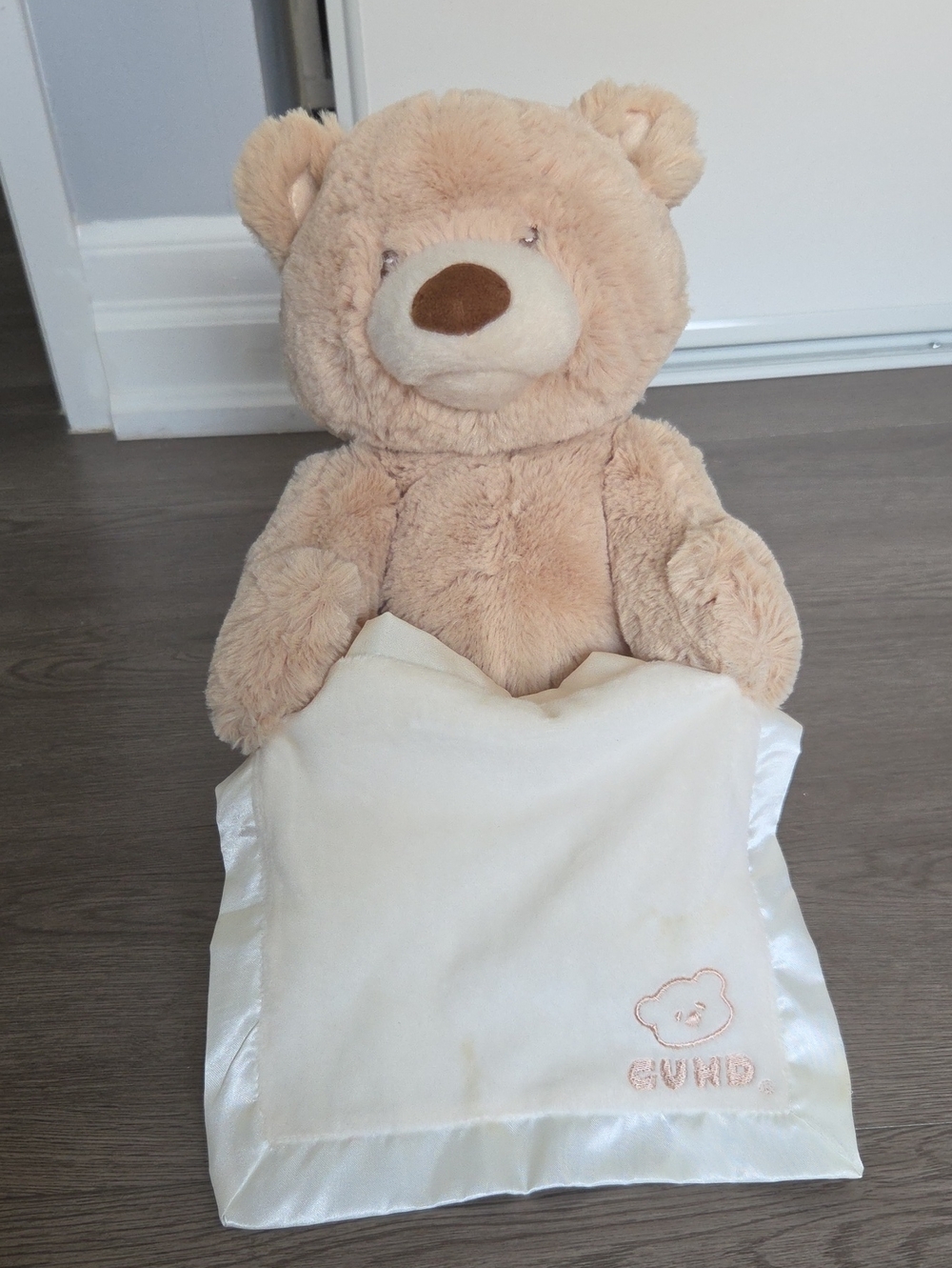 Plush Beige Teddy Bear with Cream Security Blanket